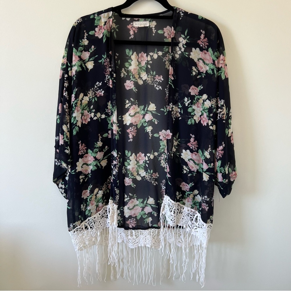 Rachael and Chloe Black Floral Flower Kimono Cardigan Fringe Cover-up Wrap